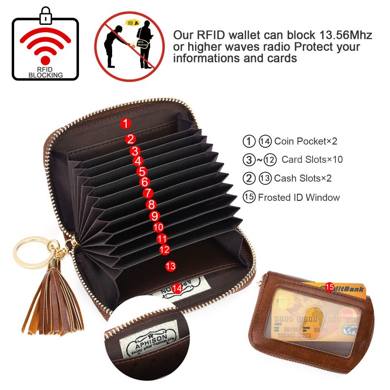 APHISON RFID Credit Card Holder Zipper Card Case Keychain Small Wallet for Women 1927 COFFEE - Image 3